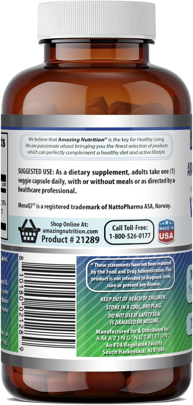 Buy supplements ​Amazing Formulas Vitamin K2 Menaq7 MK7 Supplement | 100 Mcg | Veggie Capsules | Non-GMO | Gluten Free | Made in USA (1 Pack, 120 Count) - HappyTots USA