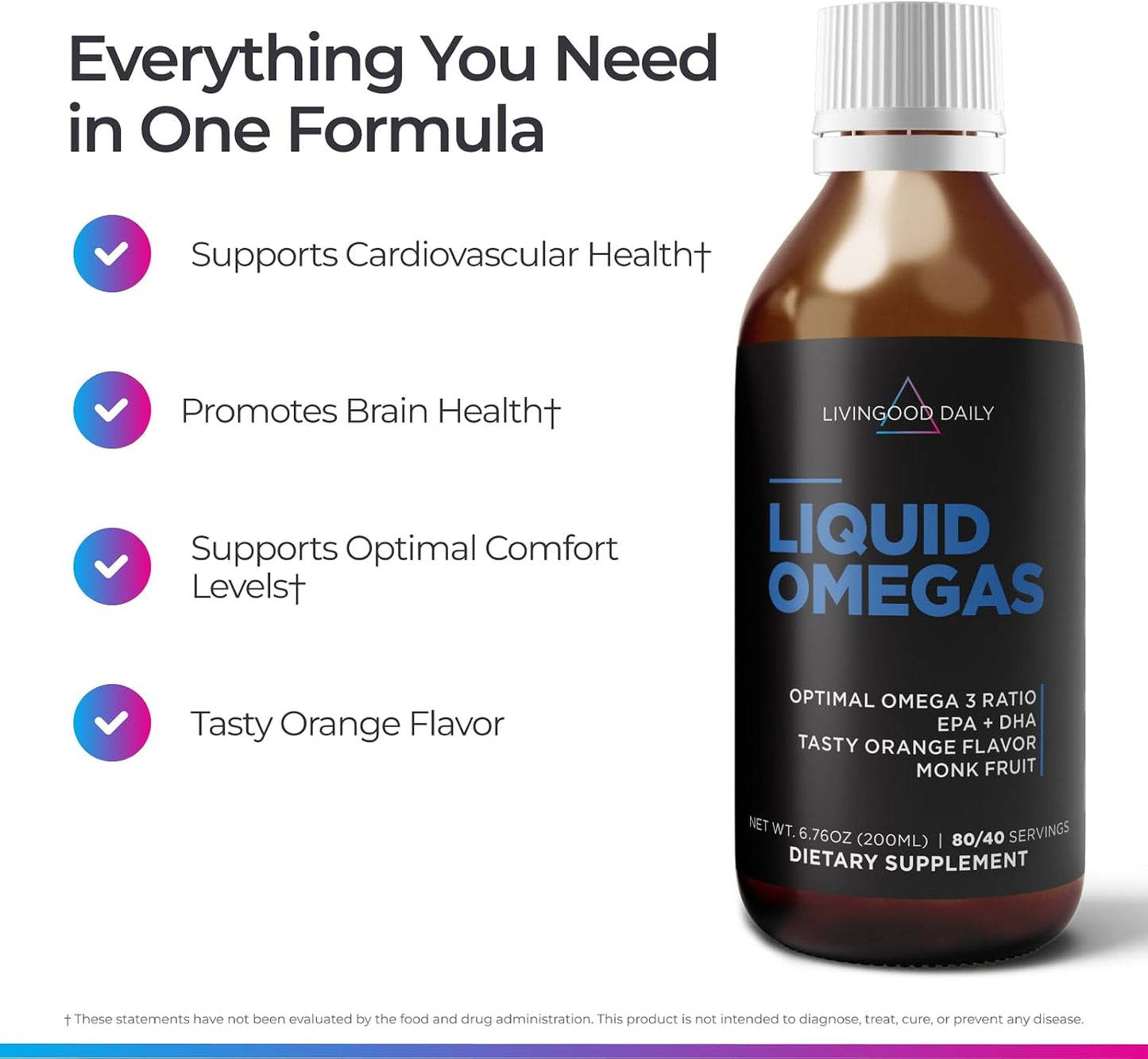 Livingood Daily Liquid Omega 3 Fish Oil, EPA & DHA Supplement with Monk Fruit & Orange Flavor, Supports Heart, Joint & Brain Health, Fish Oil for Men & Women, Non GMO, Gluten Free, 200 ML, 40 Servings