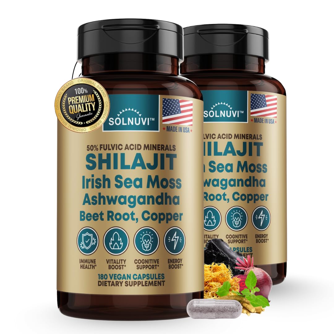 Shilajit Pure Himalayan Organic Capsules with Irish Sea Moss, Ashwagandha, Copper, Beet Root - Fulvic Acid Trace Minerals Supplement for Men & Women - 90 Count, Non-GMO, Gluten-Free