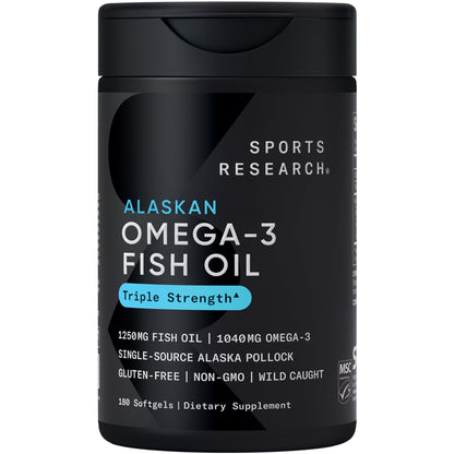 Sports Research® Omega-3 Fish Oil 1250 - Triple Strength Fish Oil Supplement from Wild Alaska Pollock - MSC Certified Sustainable · Non-GMO · Soy Free - 90 Softgel Capsules
