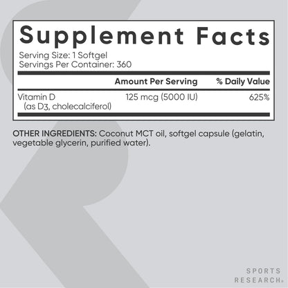Sports Research Vitamin D3 5000 IU with Coconut MCT Oil - High Potency Vitamin D Supplement for Immune & Bone Support - Non-GMO Verified, Gluten & Soy Free – 125mcg, 360 Liquid Softgels