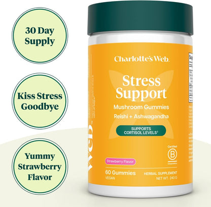 Charlotte's Web Stress Support Mushroom Gummies w/Reishi, Ashwagandha, Rhodiola Rosea Supplement — Natural Supplement — Strawberry-Flavored Ashwagandha Gummies (30 Servings)
