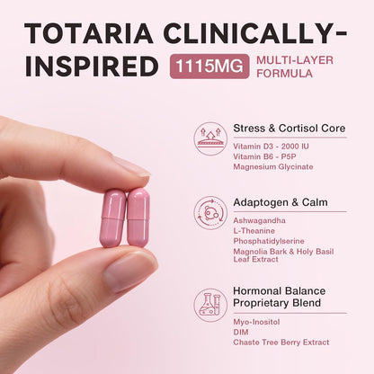Totaria Women's Cortisol with Hormonal Balance | Stress Relief - Ashwagandha, L-Theanine, Magnesium, Myo-Inositol, Mood, Focus & Sleep Support, PMS* 120 Ct.