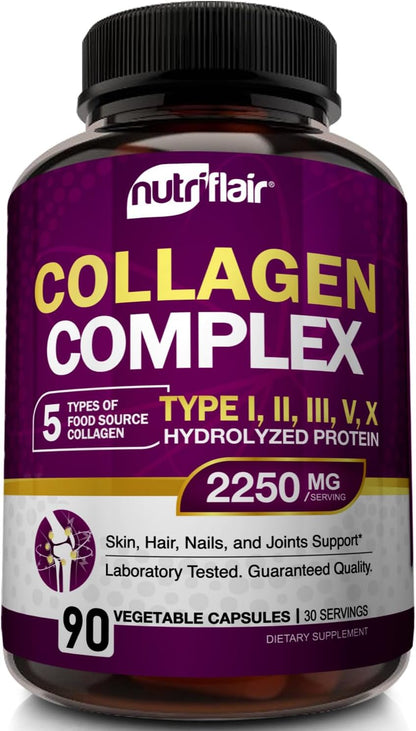 NutriFlair Multi Collagen Peptides 2250mg, 90 Capsules - Type I, II, III, V, X - Collagen Supplements Complex Powder Pills for Women and Men - Hydrolyzed Protein, Healthy Hair, Skin, Nails - Non-GMO