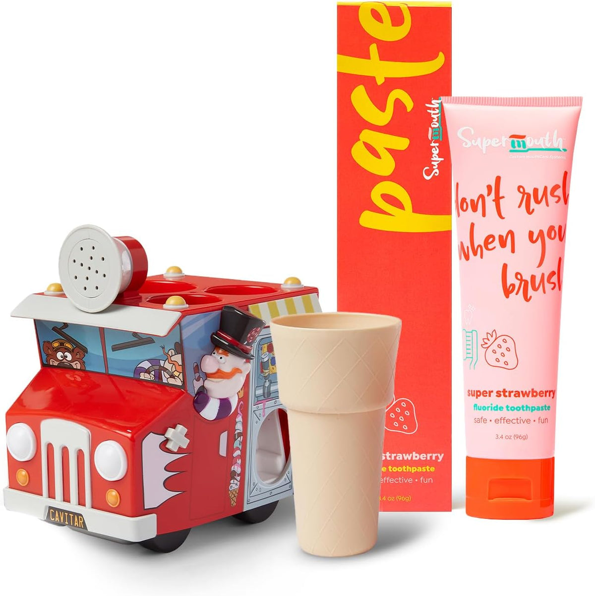 SuperMouth Kids Oral Care Bundle – Ice Cream Truck Organizer with Toothpaste Dispenser, Music & Lights + Fluoride Toothpaste with Nano Hydroxyapatite, Safe & Fun for Kids, Strawberry