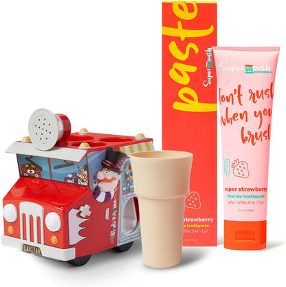 SuperMouth Kids Oral Care Bundle – Ice Cream Truck Organizer with Toothpaste Dispenser, Music & Lights + Fluoride Toothpaste with Nano Hydroxyapatite, Safe & Fun for Kids, Strawberry