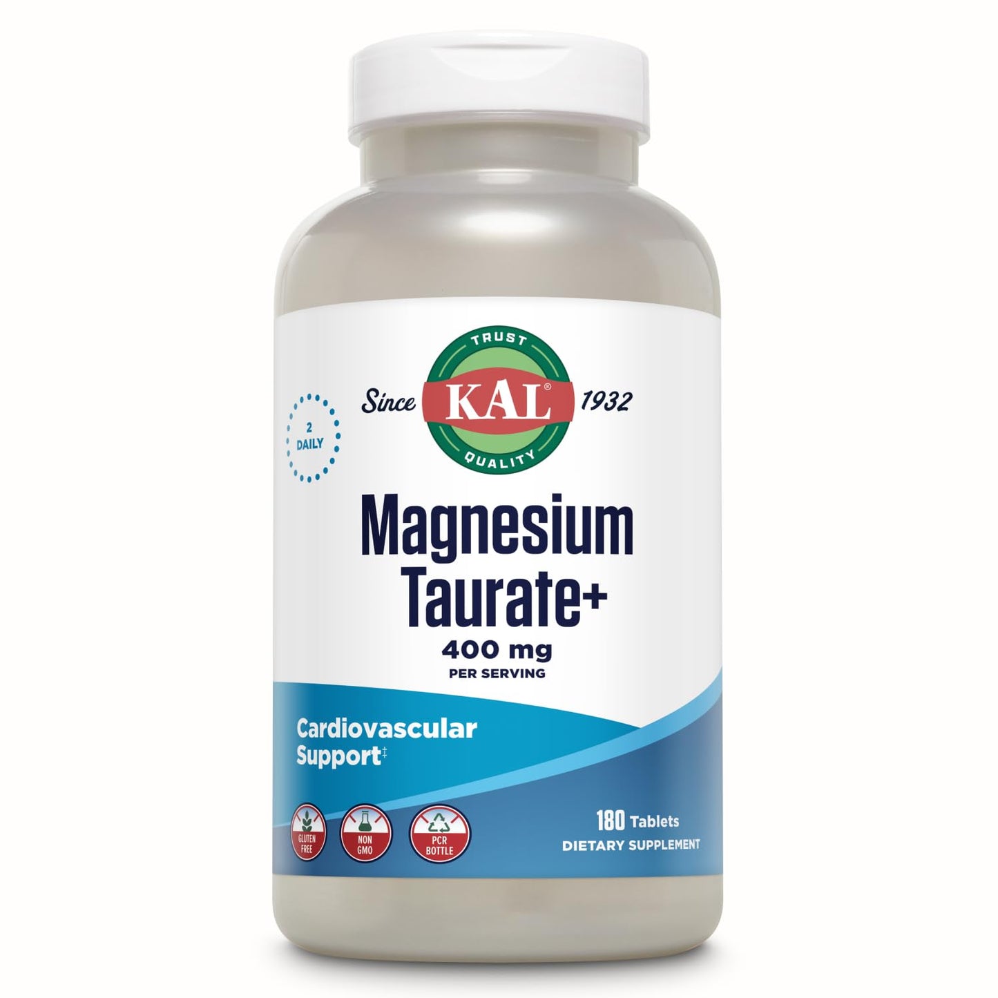 KAL Magnesium Taurate 400mg Plus Vitamin B6, Chelated Magnesium Supplement, High Absorption Magnesium Complex, Muscle and Heart Health Support, Vegan, Gluten Free, 60-Day Guarantee, 60 Serv, 120 Tabs
