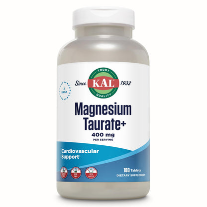 KAL Magnesium Taurate 400mg Plus Vitamin B6, Chelated Magnesium Supplement, High Absorption Magnesium Complex, Muscle and Heart Health Support, Vegan, Gluten Free, 60-Day Guarantee, 60 Serv, 120 Tabs