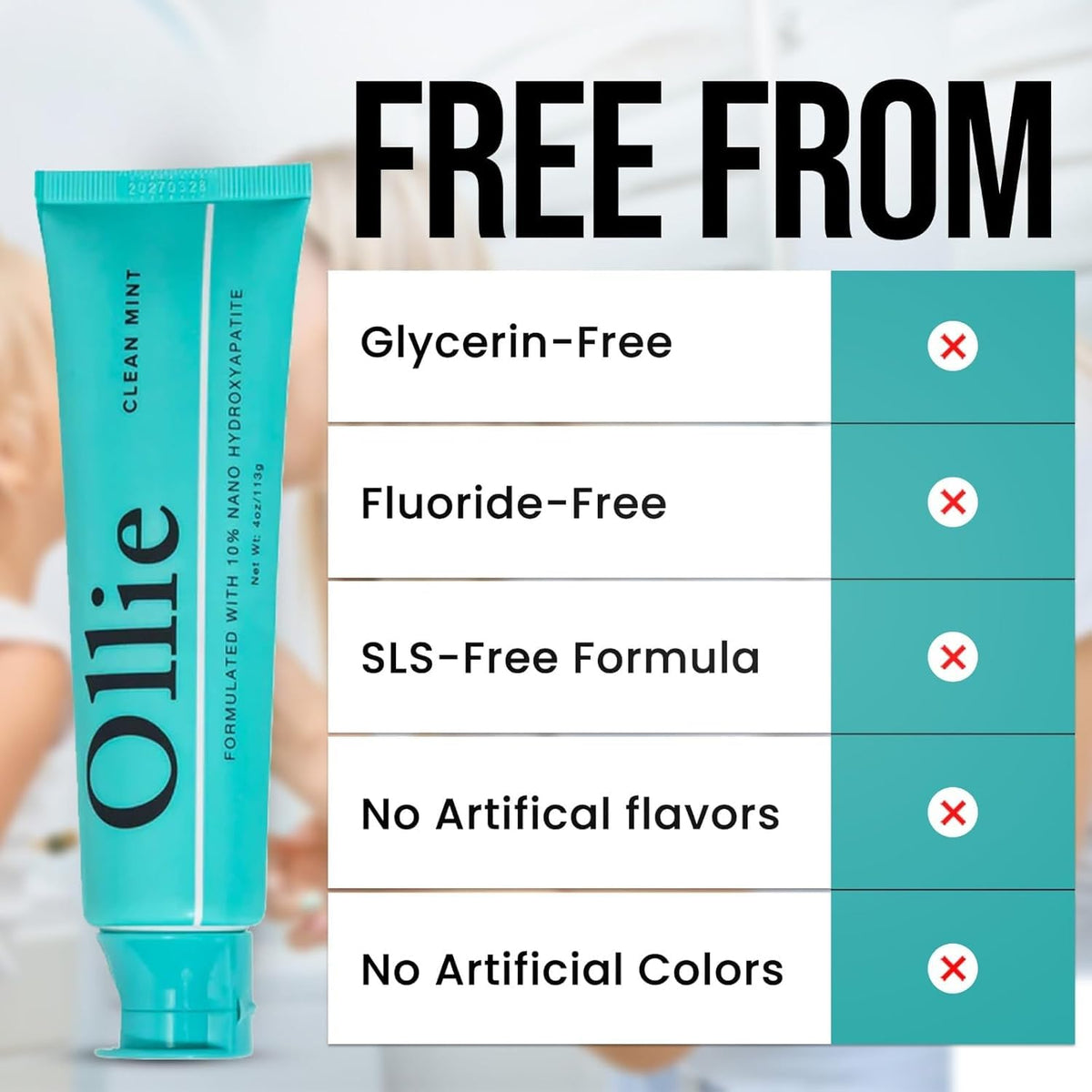 Ollie Fluoride Free 10% Nano Hydroxyapatite Toothpaste, Clean Mint, 1 Pack