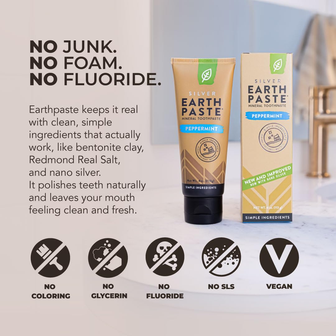 Redmond Earthpaste with Silver - Natural Non-Fluoride Toothpaste, 4 Ounce Tube (Peppermint)