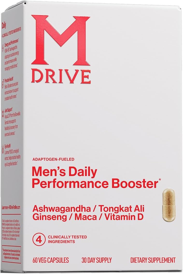 Mdrive Men's Daily Performance Booster Ashwagandha Tongkat Ali 60 Capsules | Adaptogen Fueled Ginseng Maca Vitamin D Comprehensive Health Support Vitality Stamina Stress Relief Non GMO Gluten Free