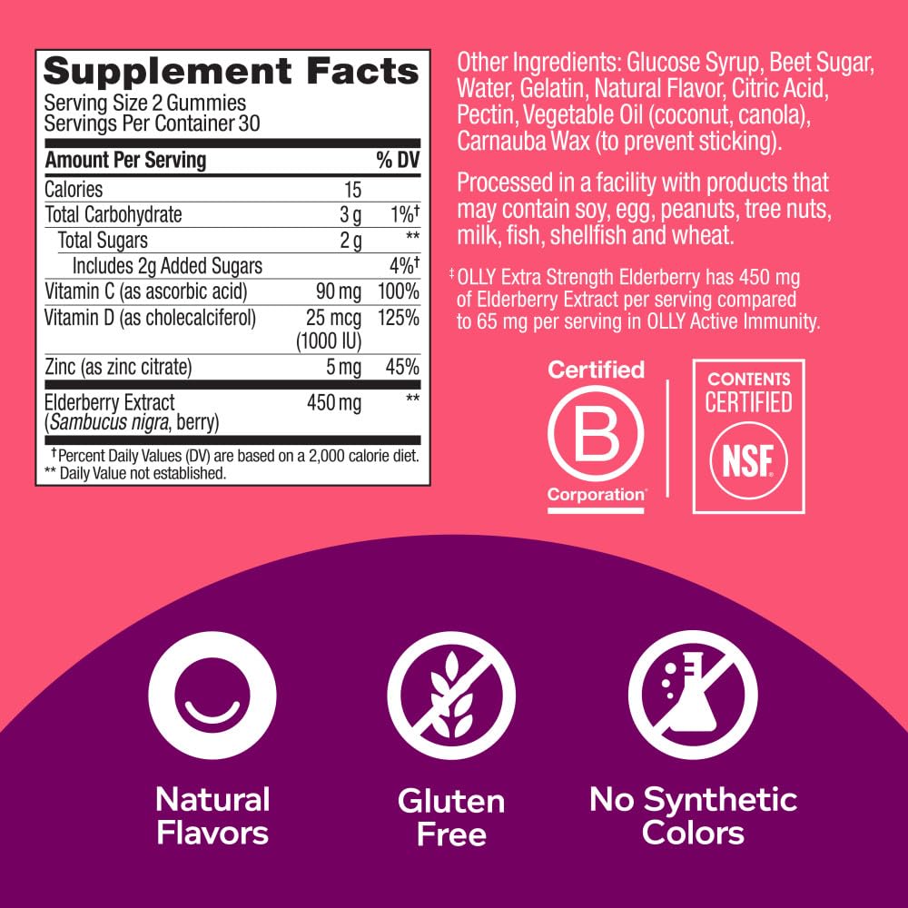 OLLY Extra Strength Elderberry Gummies, Immune Support, 450mg Elderberry, Vitamin C