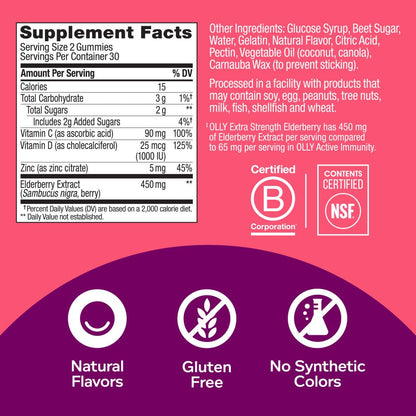 OLLY Extra Strength Elderberry Gummies, Immune Support, 450mg Elderberry, Vitamin C