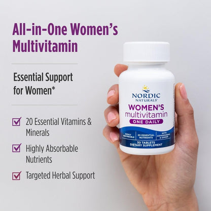 Nordic Naturals Women's Multivitamin One Daily, Energy, Hair & Skin Support | 20 Essential Nutrients for Skin, Hair, Energy & Bone Support. Immunity Supplement. One Daily Tablet. 30 Servings.