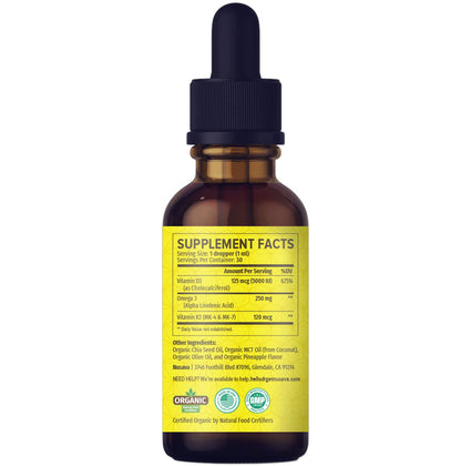 (2 Pack) Organic Vitamin D3 K2 Drops with MCT Oil & Omega 3 - Liquid Vitamin D3 5000 IU - K2 D3 Vitamin Supplement - Vitamin D Drops for Women & Men - No Fillers, Non-GMO, GMP, Unflavored (2 Fl Oz)