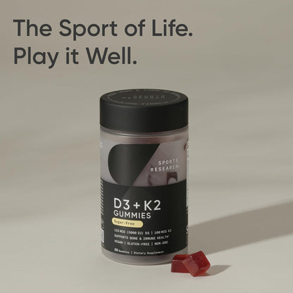 Sports Research® Vegan Vitamin D3 + K2 Sugar-Free Gummies - 125mcg (5000iu) Vitamin D w/ 100mcg Mk7 Vitamin K - Supports Bone & Immune Health* - Vegan Certified · Non-GMO · Soy Free - 60 Count