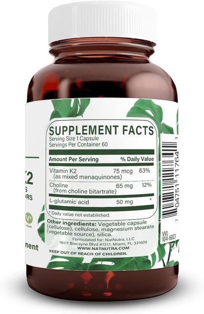 Natural Nutra Full Spectrum Vitamin K2 Supplement 75 mcg 60 Capsules | Supports Cardiovascular Health, Liver Function, Metabolic Health, Heart Health &Helps Promote Bone & Dental Health