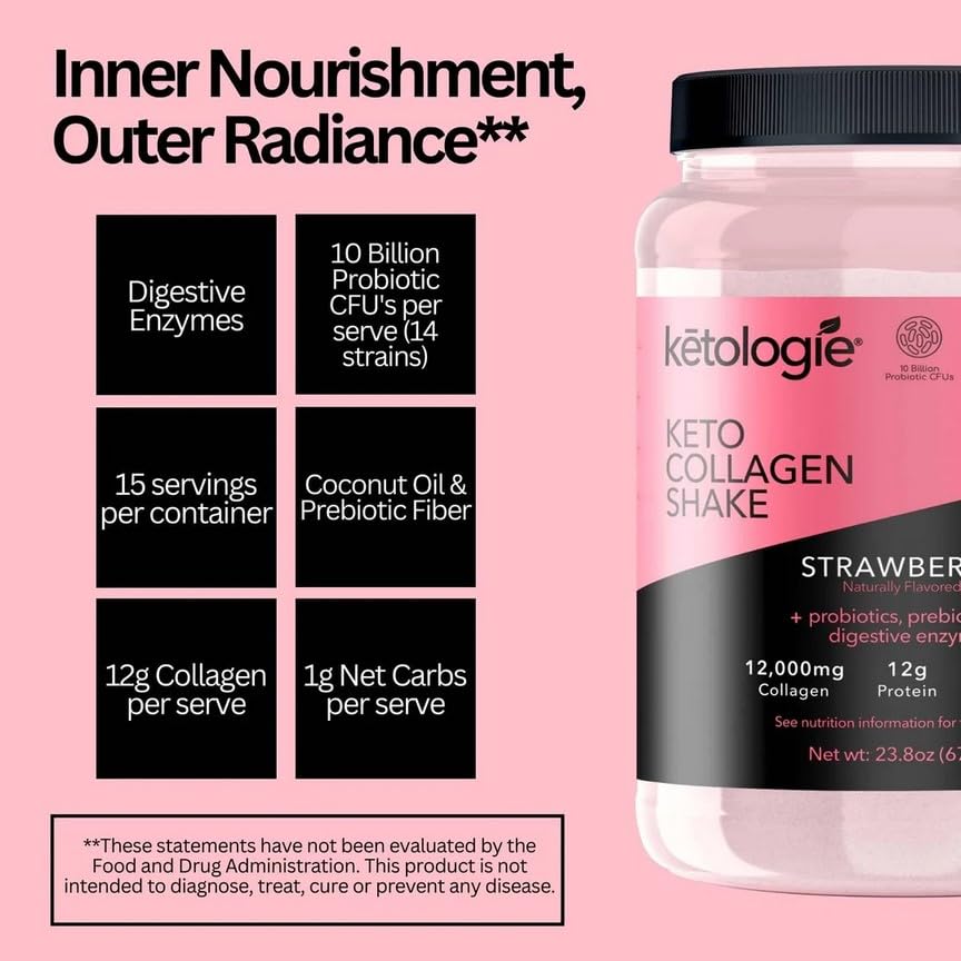Ketologie Keto Collagen Shake (Strawberry) - with Coconut Oil, Probiotics, Grass Fed Hydrolyze
