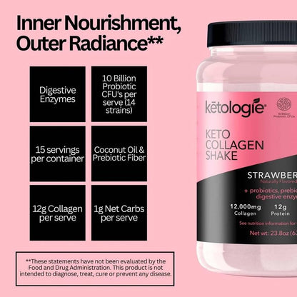 Ketologie Keto Collagen Shake (Strawberry) - with Coconut Oil, Probiotics, Grass Fed Hydrolyze