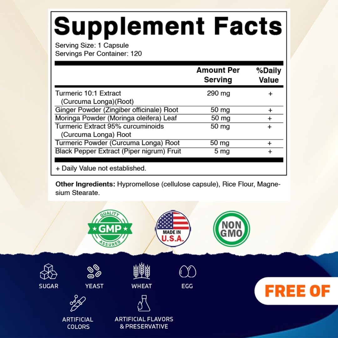 Vitamatic Turmeric Curcumin with Black Pepper, Ginger & Moringa – 120 Vegetarian Capsules