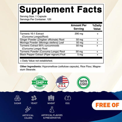 Vitamatic Turmeric Curcumin with Black Pepper, Ginger & Moringa – 120 Vegetarian Capsules