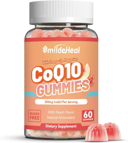 CoQ10 Gummies 200mg with Omega-3, EPA + DHA, & Magnesium - 60 Counts | Coenzyme Q10 Supplements for Heart Health, Cellular Energy & Antioxidant, Vegan, Sugar Free
