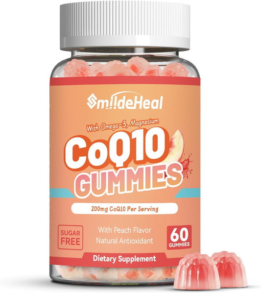 CoQ10 Gummies 200mg with Omega-3, EPA + DHA, & Magnesium - 60 Counts | Coenzyme Q10 Supplements for Heart Health, Cellular Energy & Antioxidant, Vegan, Sugar Free