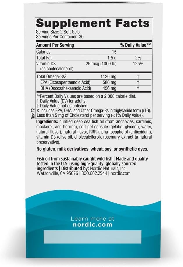 Nordic Naturals Ultimate Omega 2X Mini D3, 1120mg+1000IU, Lemon - 60 Count | Ultimate Omega mini soft gels with 1120mg EPA+DHA + 1000 IU D3. Supports brain, heart, bone & immune health. Lemon, 60ct