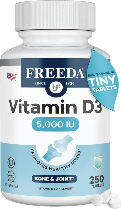FREEDA Vitamin D3-5000 IU - Pure High Potency Kosher Supplement Tablets - Bone and Muscle Health, Calcium Absorption, Immune Support for Men and Women* - 250 Count | High Potency Vitamin D3 Supplement with 5000 IU Tablets - Support Bone Health, Muscle Fun