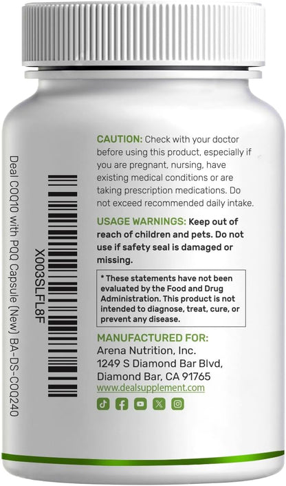 DEAL SUPPLEMENT CoQ10 200mg with PQQ 200mcg, 240 Veggie Capsules | Bioavailable Coenzyme Q10 Complex | Supports Heart, Energy & Brain Health | Antioxidant Support | Non-GMO