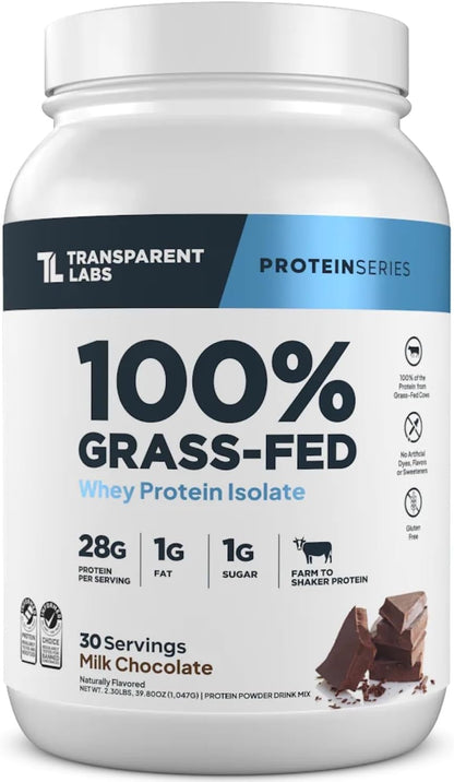 Transparent Labs Grass-Fed Whey Protein Isolate (30 Servings, Milk Chocolate) & Grass-Fed Whey Protein Isolate (30 Servings, Oatmeal Chocolate Chip Cookie)