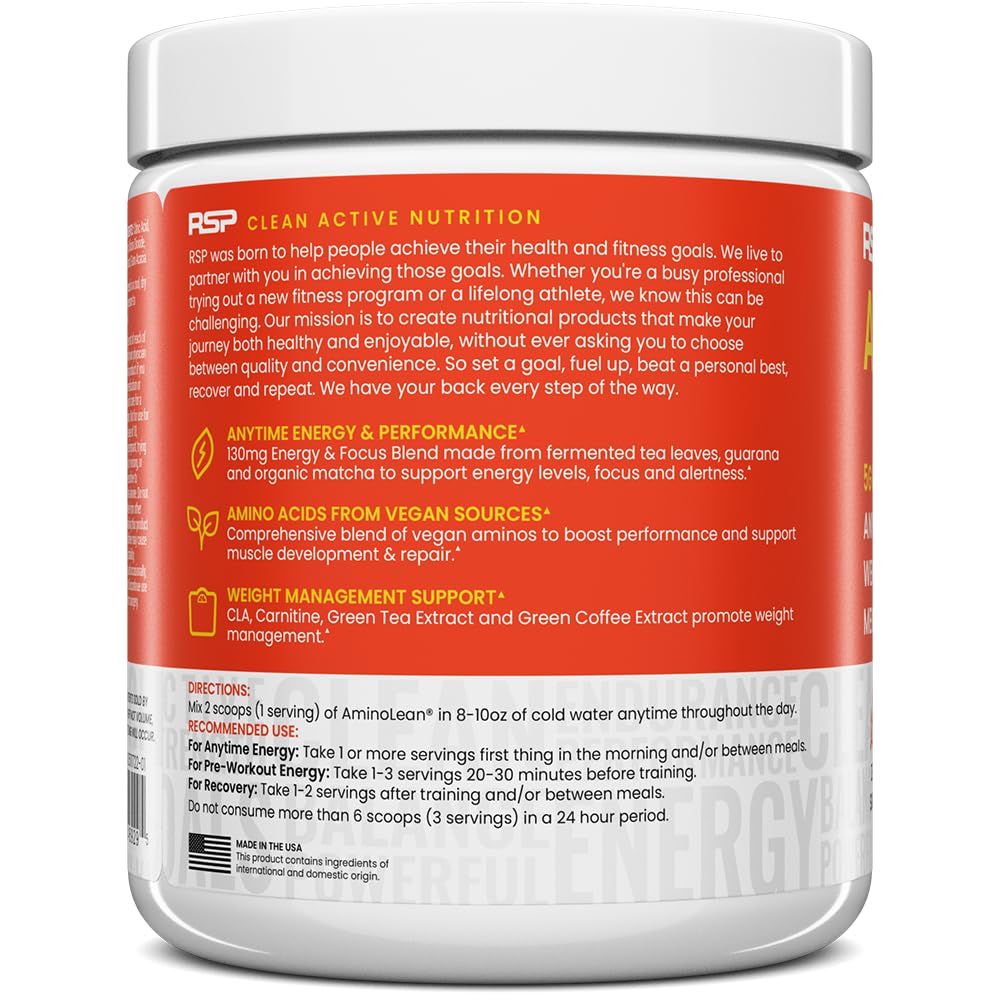 AminoLean Natural Pre Workout Powder & Amino Energy with Vegan BCAA + EAA | Jitter-Free Preworkout Energy from Green Tea + Amino Acids & Weight Management for Women & Men - Naturally Sweetened, Vegan