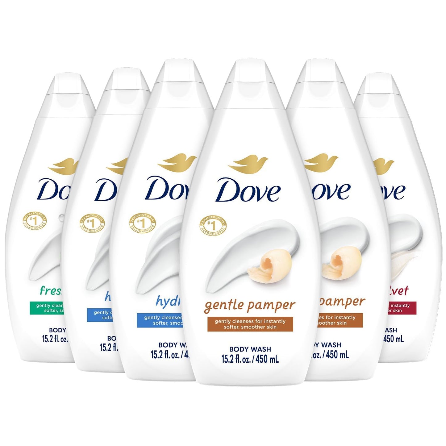 Dove Moisturizing Body Wash, Variety 6-Pack, 15.2 Oz Ea | Hydrate 2-Pack + Gentle Pamper, Fresh Care, and Silky Velvet | Moisturizing Shower Gel Liquid, Instantly Replenish Dry Skin