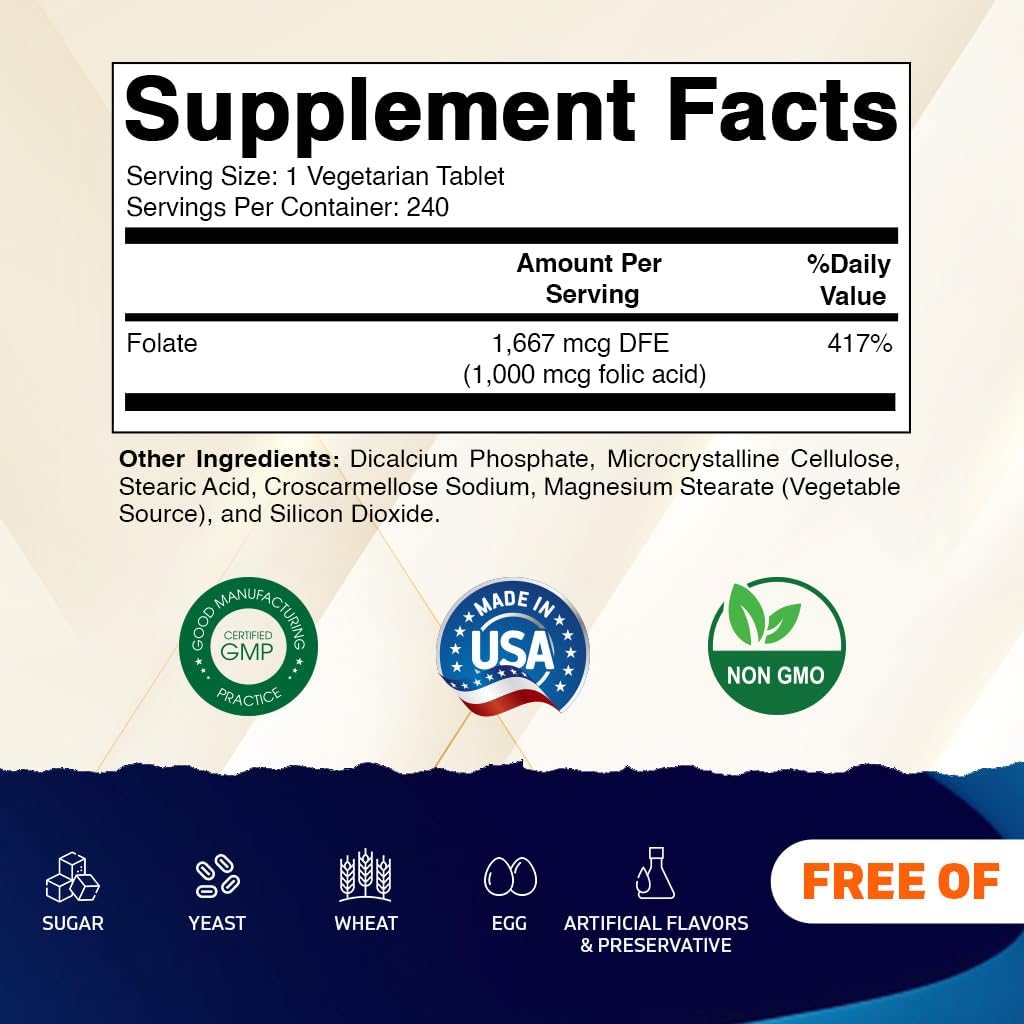 Vitamatic Folic Acid 1000 mcg (1 mg), 240 Vegetarian Tablets | Vitamin B9 | 1667 mcg DFE Folate, Support Healthy Cell Growth*, Red Blood Cell Formation*, Gluten Free, Non-GMO, Made in USA