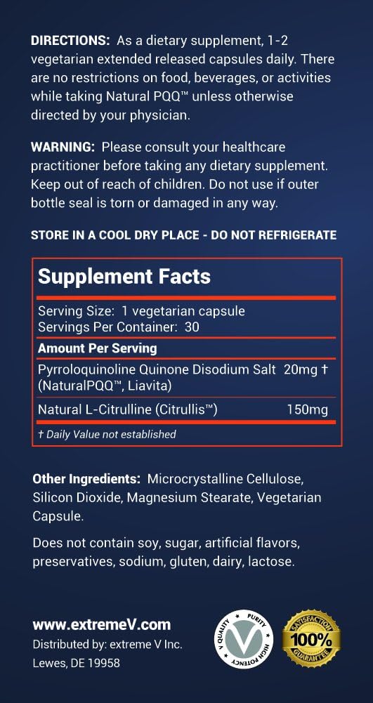 NaturalPQQ - Mitochondrial Energy Nitric Oxide Booster - Citrullis for Extended Energy. 20mg (Pyrroloquinoline Quinone)