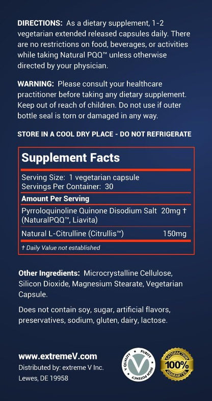 NaturalPQQ - Mitochondrial Energy Nitric Oxide Booster - Citrullis for Extended Energy. 20mg (Pyrroloquinoline Quinone)
