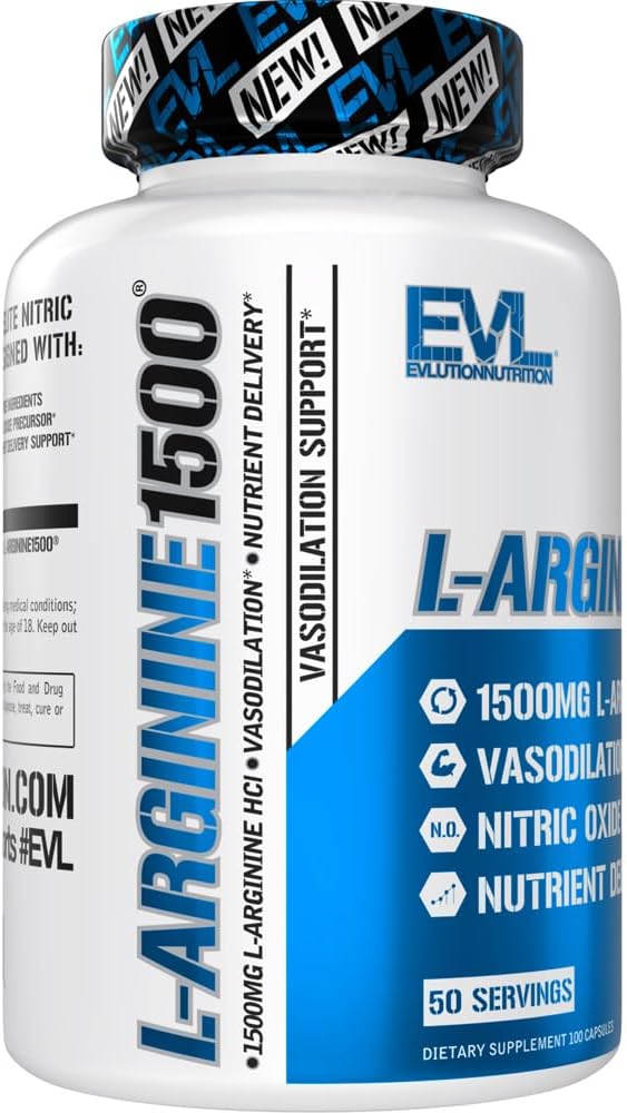 Evlution Nutrition Nitric Oxide Booster L-Arginine Supplement - High Potency Nitric Oxide Supplement with 1500mg of L Arginine HCL for Enhanced Pumps Energy Muscle Growth and Vascularity NO Booster