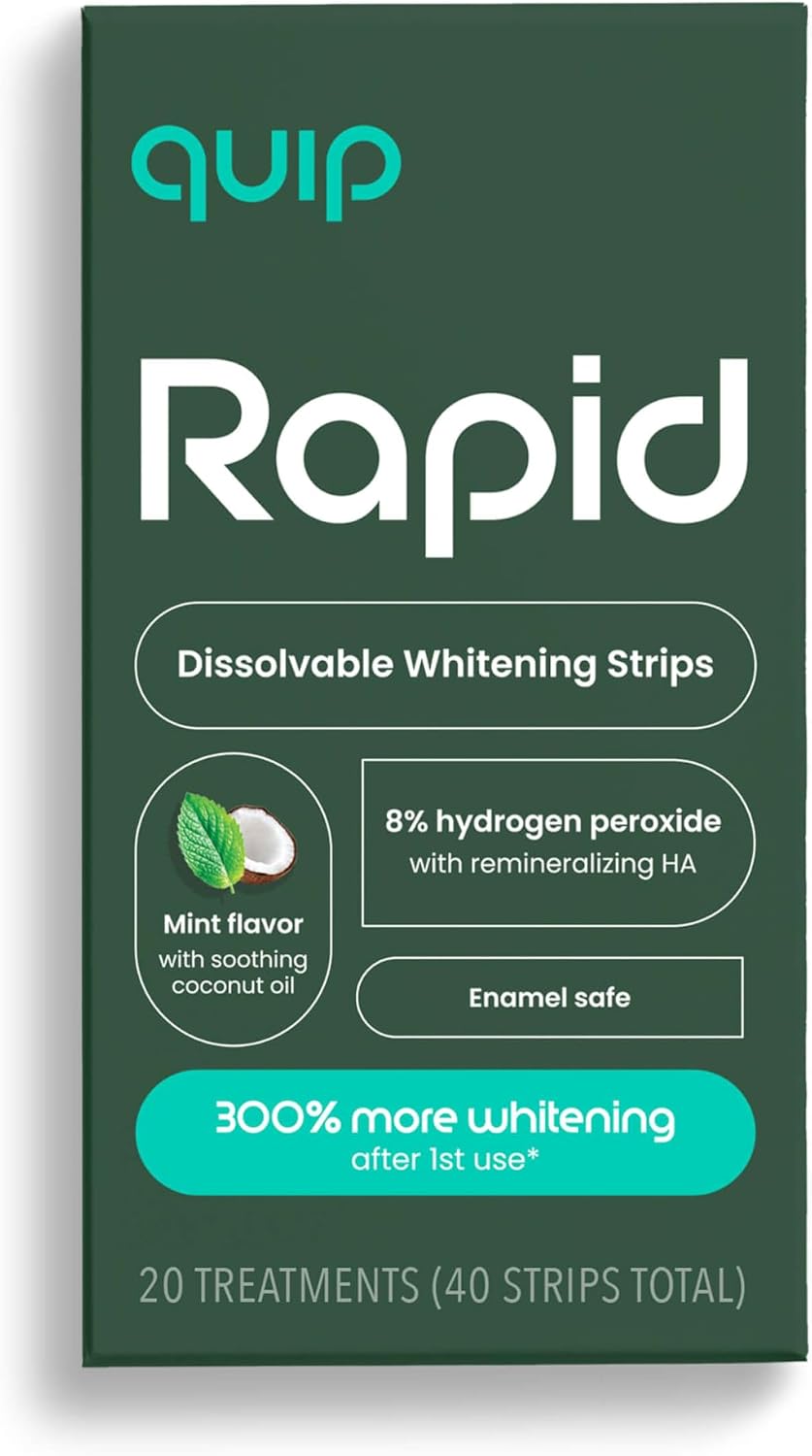 Quip Ultra Lite Sonic Electric Toothbrush with Rapid Dissolvable Teeth Whitening Strips Product Bundle - 15X More Plaque Removal, 20 Treatment Strips, Mint with Coconut Oil - Meadow Green