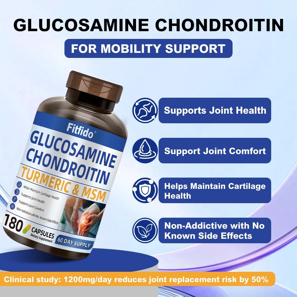 Glucosamine Chondroitin MSM, Turmeric & Boswellia, 180 Count | Joint & Cartilage Support, Daily Joint Care, Non-GMO, Gluten Free, Easy-to-Swallow Capsules, Clean Formula, 60-Day Supply