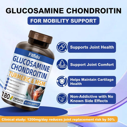 Glucosamine Chondroitin MSM, Turmeric & Boswellia, 180 Count | Joint & Cartilage Support, Daily Joint Care, Non-GMO, Gluten Free, Easy-to-Swallow Capsules, Clean Formula, 60-Day Supply
