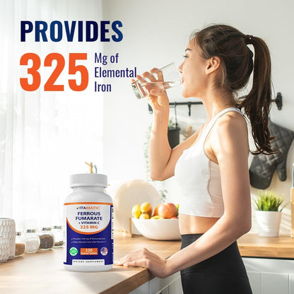 Vitamatic Ferrous Fumarate 325 mg + Vitamin C 100 mg (104 mg Elemental Iron) – High Potency Iron Supplement – Gentle on Stomach, 120 Coated Tablets, Made in USA
