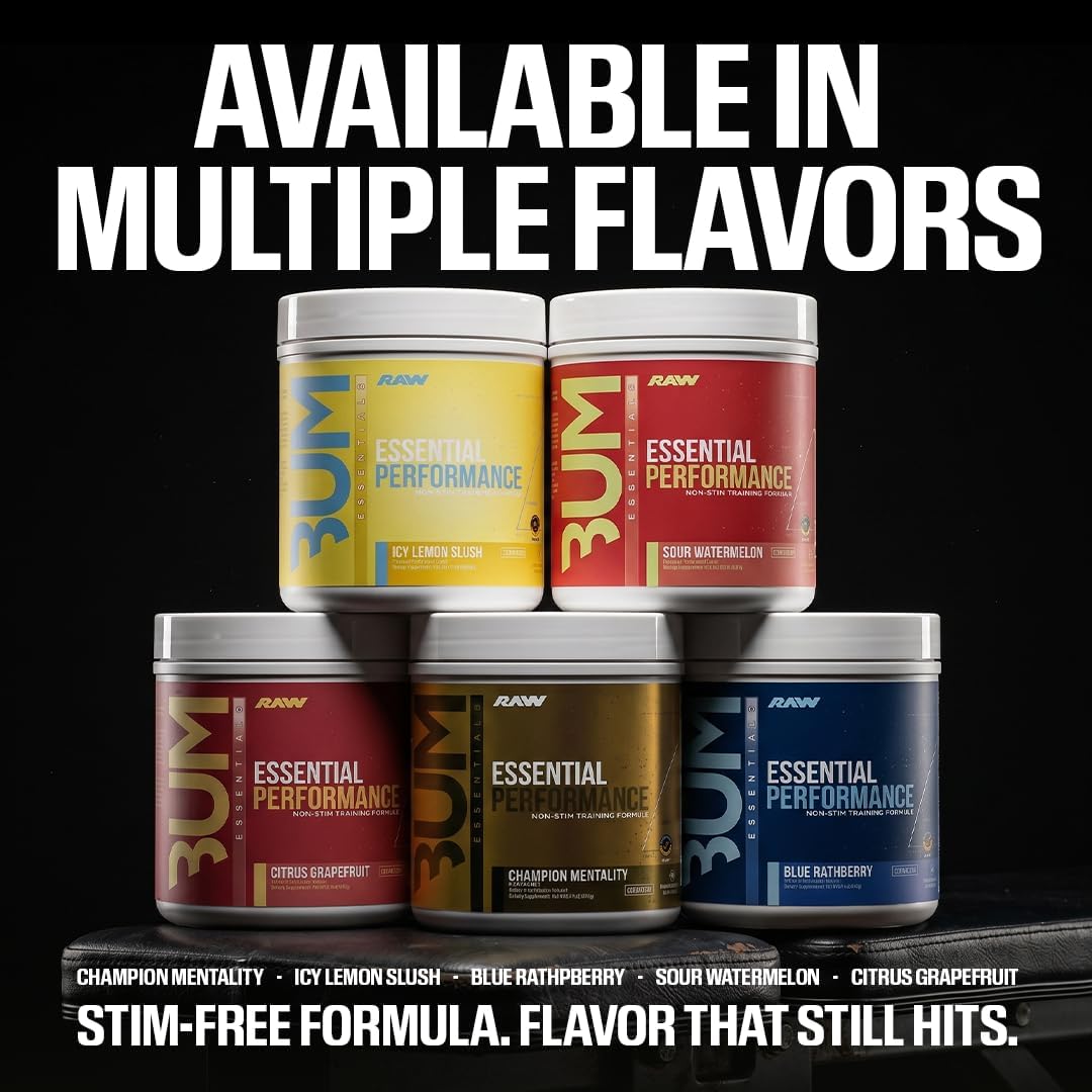 RAW Essential Performance Non-Stim Pre-Workout Powder - Preworkout for Endurance Strength & Focus Without Caffeine or Stimulants - Creatine Monohydrate, L-Citrulline & Beta Alanine - Blue Rathberry