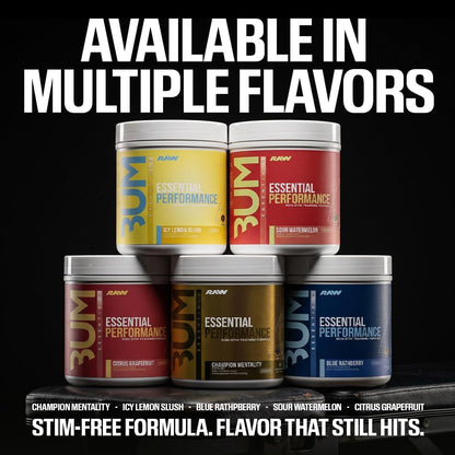 RAW Essential Performance Non-Stim Pre-Workout Powder - Preworkout for Endurance Strength & Focus Without Caffeine or Stimulants - Creatine Monohydrate, L-Citrulline & Beta Alanine - Blue Rathberry