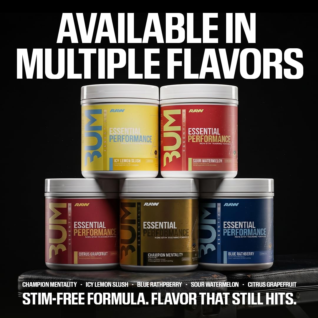 RAW Essential Performance Non-Stim Pre-Workout Powder - Preworkout for Endurance Strength & Focus Without Caffeine or Stimulants - Creatine Monohydrate, L-Citrulline & Beta Alanine - Blue Rathberry