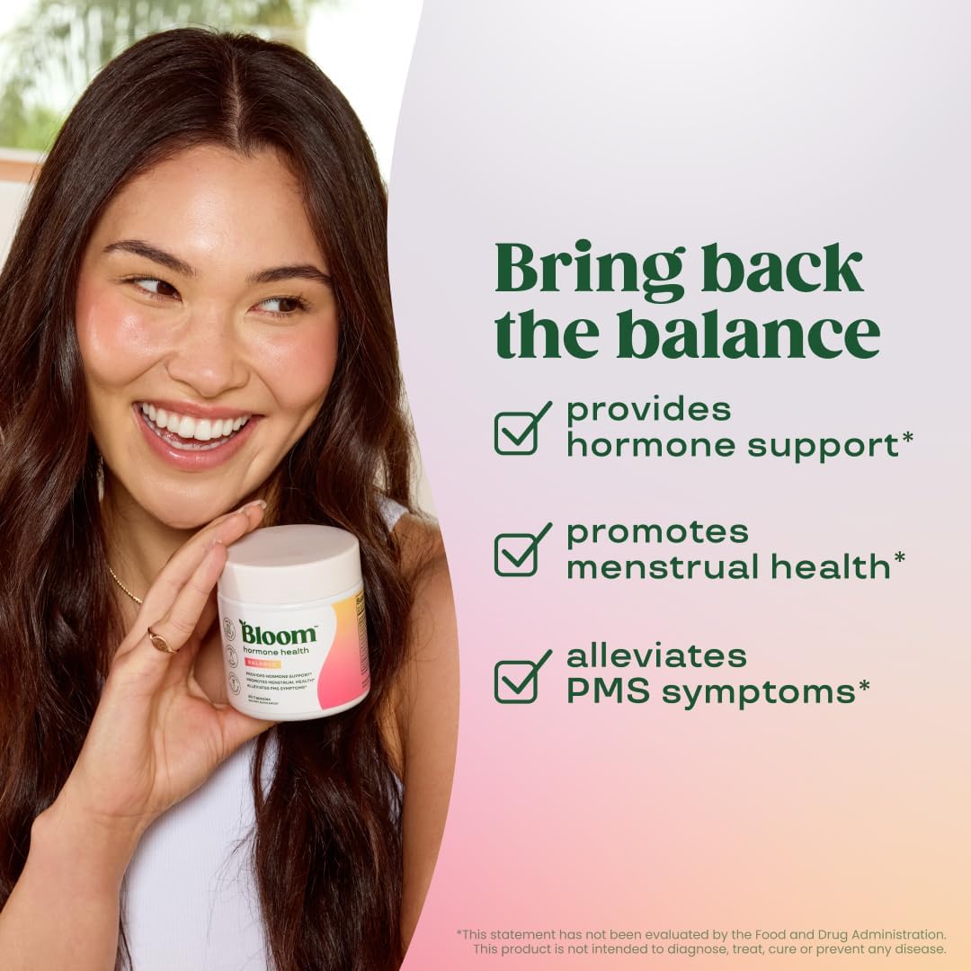 Bloom Nutrition Hormone Support Capsules for Women, Balance, 30 Servings | Cortisol Support, Menstrual Health, PMS Symptoms, Pomegranate Extract, Chaste Tree Berry & Dong Quai Root