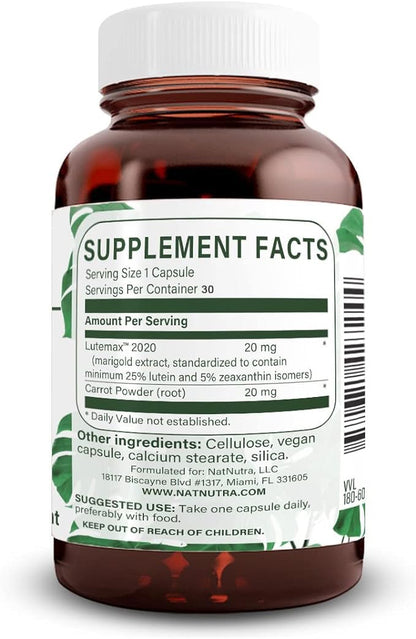 Natural Nutra Lutein & Zeaxanthin Supplement 20mg, 60 Capsules | Maintains Vision, Protects Cells in Eyes, Enhances Level of Zeaxanthin & Isomers, Supports Eye Health, Gluten-Free, Soy-Free