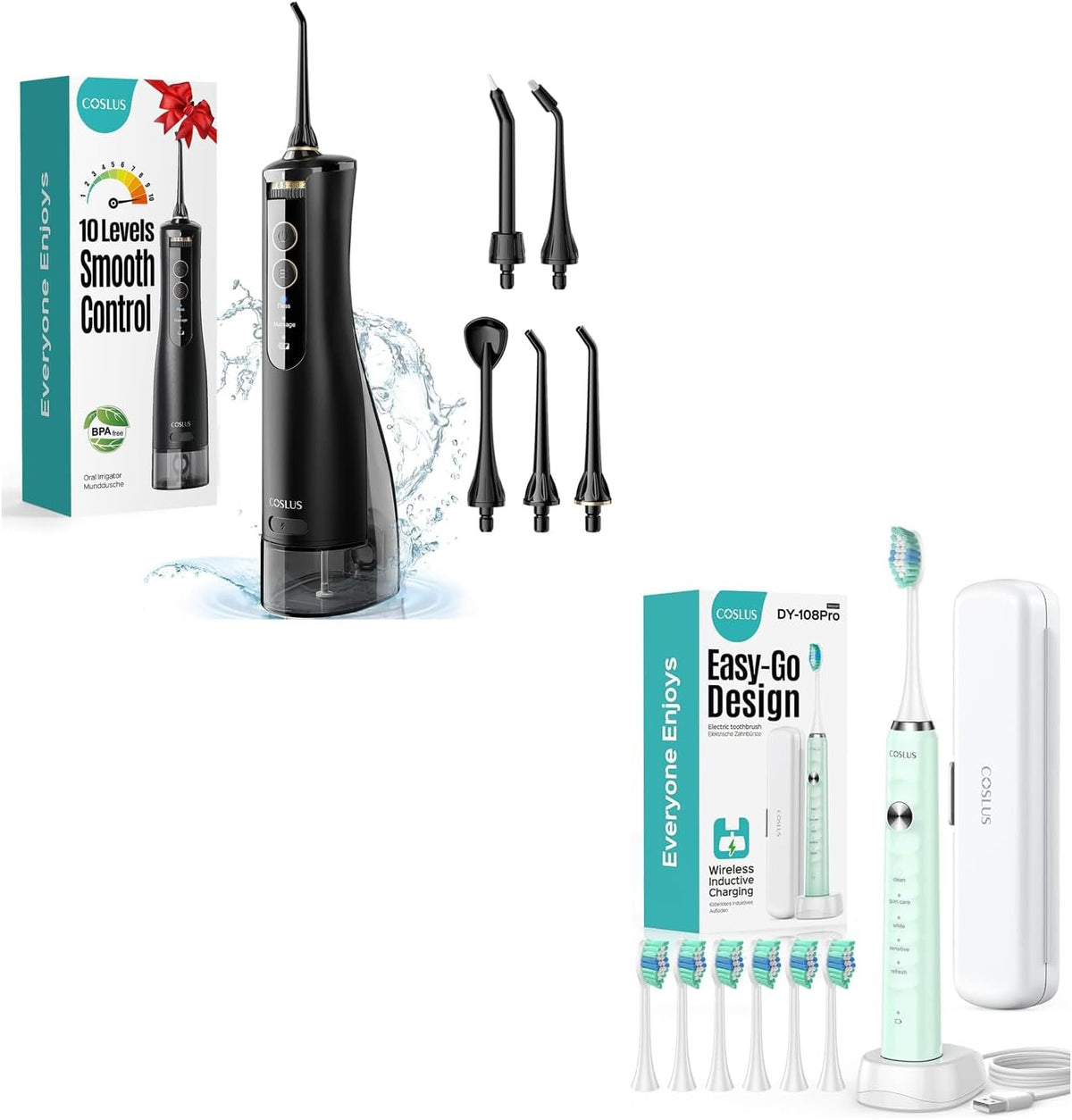 COSLUS Water Dental Flosser Tooth Pick: 10 Levels Smooth Control Portable Wireless Electric Toothbrush for Adults and Kids Rechargeable Black and Green