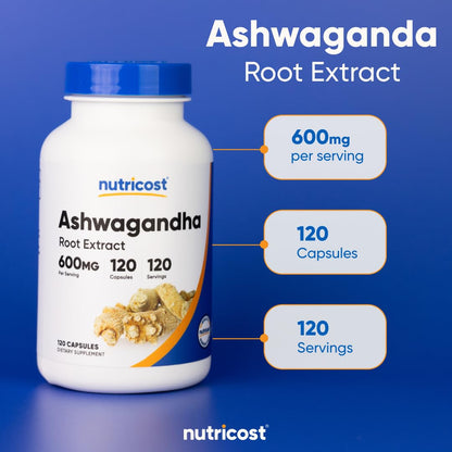 Nutricost Ashwagandha Herbal Supplement 600mg, 120 Capsules | Vegetarian, Non-GMO, Gluten Free, Ashwagandha Root