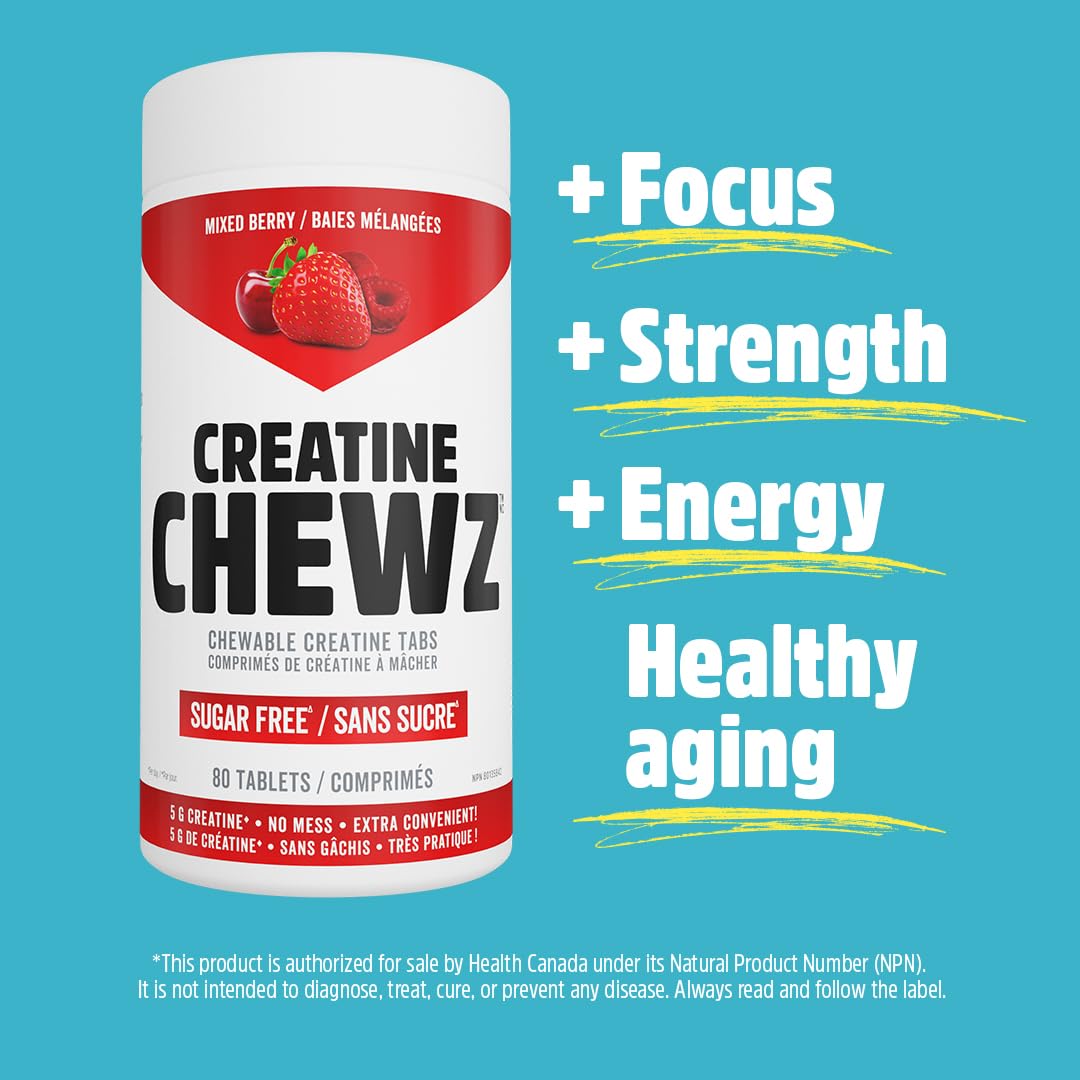 PVL Creatine Chewz – Sugar-Free Chewable Creatine Supplement for On-The-Go Use – 5g Creatine Monohydrate Per Day – Pre Workout & Muscle Recovery Support – 80 Tablets – Mixed Berry