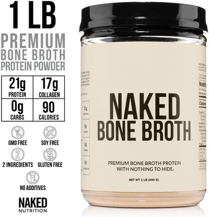 NAKED Bone Broth - Beef Bone Broth Protein Powder - 21G Protein, 17G Collagen - Gut Health and Joint Supplement - Unflavored - No GMO, Gluten-Free, Soy Free - 1LB